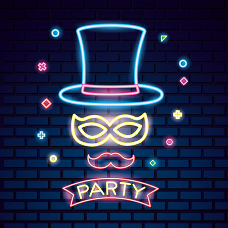 party mask night traditional hat blanket moustache neon symbols vector illustrationのイラスト素材
