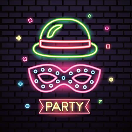 party mask night pink blanket mistery hat neon symbols vector illustrationのイラスト素材