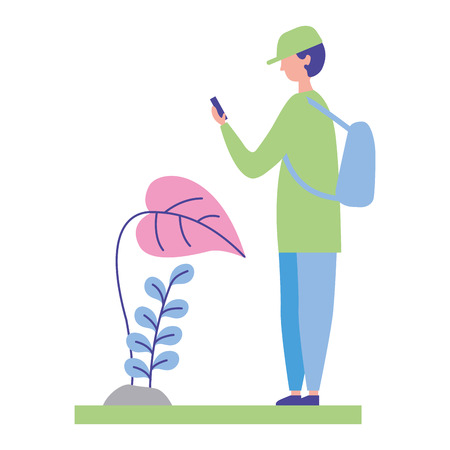 young man using smartphone in the nature landscape vector illustrationのイラスト素材