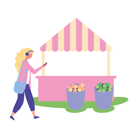 woman using smartphone flowers booth vector illustrationのイラスト素材