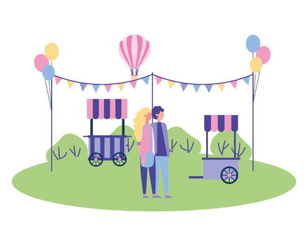 couple holding hands in the park booth garland balloons vector illustrationのイラスト素材