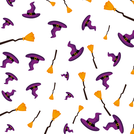witch hat and broom halloween pattern vector illustration designのイラスト素材