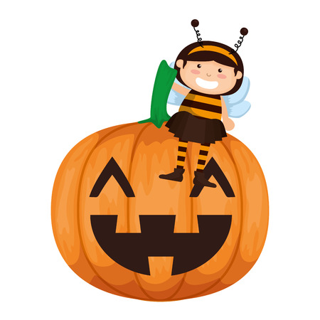 girl dressed up as a halloween bee with pumpkin vector illustration designのイラスト素材