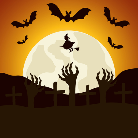 halloween night cemetery with sombie hands vector illustration designのイラスト素材
