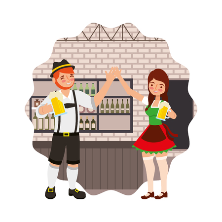 bavarian man and woman drinking in the bar vector illustrationのイラスト素材