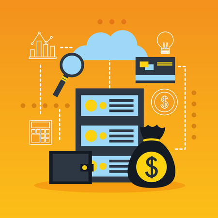 fintech business documents wallet cloud safe magnifying glass credit card vector illustrationのイラスト素材