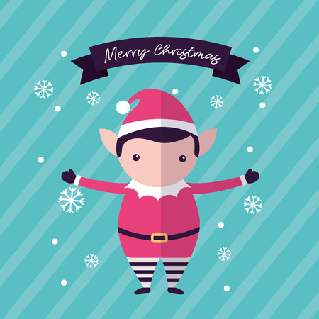 merry christmas elf hands up ribbon sign snowflakes vector illustrationのイラスト素材