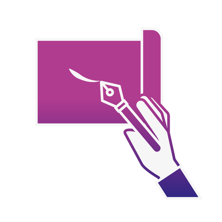 hand holding fountain pen drawn on sheet vector illustration neonのイラスト素材
