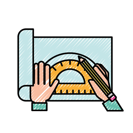 graphic designer hands working with protractor and pencil vector illustrationのイラスト素材