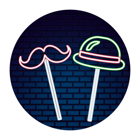 party hat mustache neon brick wall vector illustrationのイラスト素材