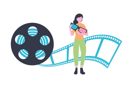 woman with 3d glasses and reel production movie film vector illustrationのイラスト素材