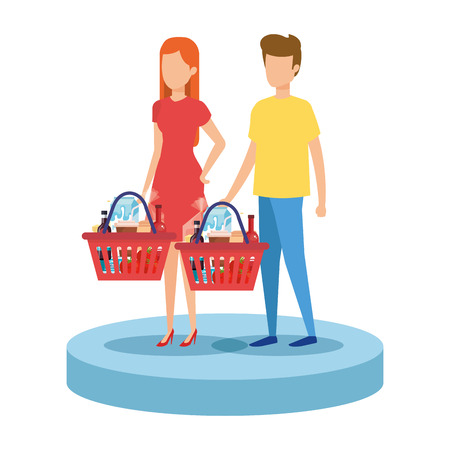 couple with shopping basket and products vector illustration designのイラスト素材