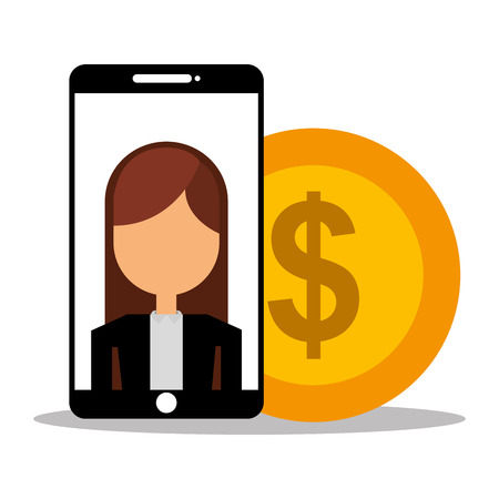 businesswoman in smartphone with coin dollar vector illustration designのイラスト素材