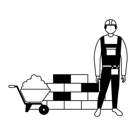 builder man wheelbarrow cement and brick wall vector illustrationのイラスト素材
