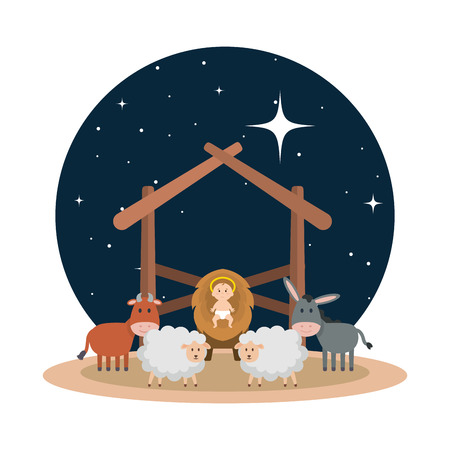 jesus baby in stable with sheeps and animals vector illustration designのイラスト素材