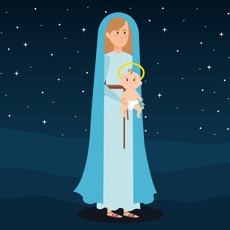 mary virgin with jesus baby on night vector illustration designのイラスト素材