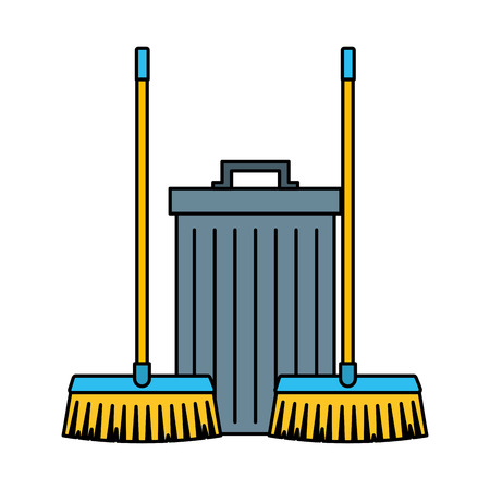 two broom and trash can cleaning equipment vector illustrationのイラスト素材