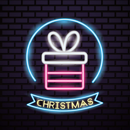 merry christmas sticker neon gift box ribbon vector illustrationのイラスト素材
