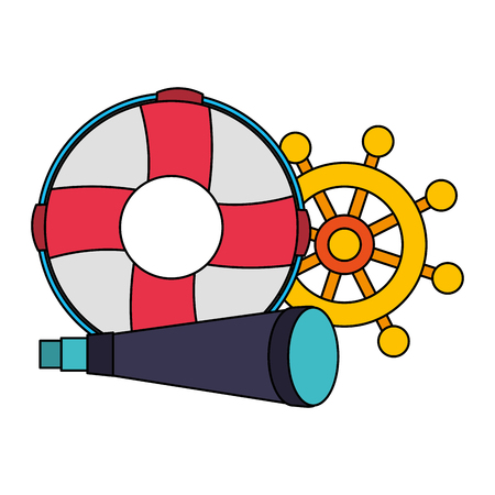 lifebuoy boat helm and spyglass equipment nautical vector illustration imageのイラスト素材