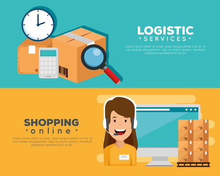logistic services with support agent and computer vector illustrationのイラスト素材