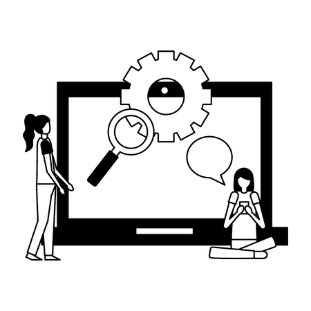 community activity tablet magnifying glass wheel girls talking vector illustration vector illustrationのイラスト素材