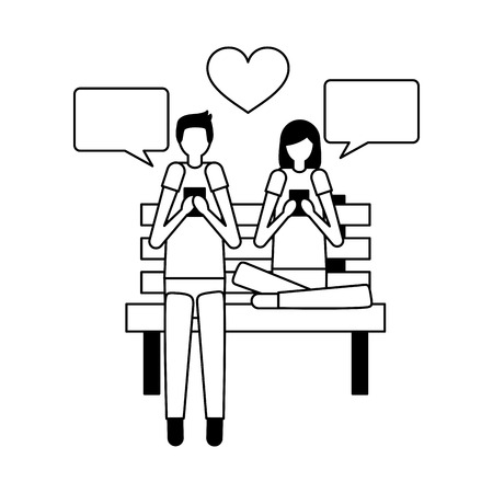 couple using mobile in the bench park vector illustrationのイラスト素材