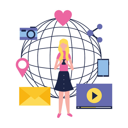 social media digital world blonde girl using telephone camera message vector illustrationのイラスト素材
