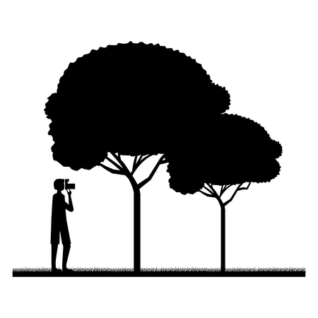 tourist man photography camera and trees vector illustrationのイラスト素材