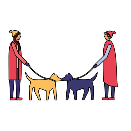 man and woman walking her dogs vector illustrationのイラスト素材
