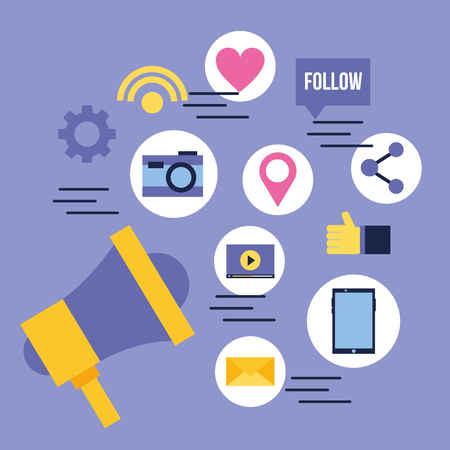 social media digital megaphone stickers message camera signal likes vector illustrationのイラスト素材