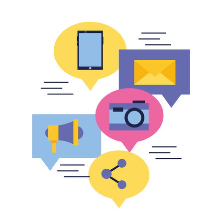 social media digital bubbles message camera share megaphone smartphone vector illustrationのイラスト素材