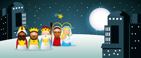 manger epiphany wise men dessert sacred family houses vector illustrationのイラスト素材