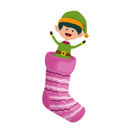 christmas sock with cute elf vector illustration designのイラスト素材