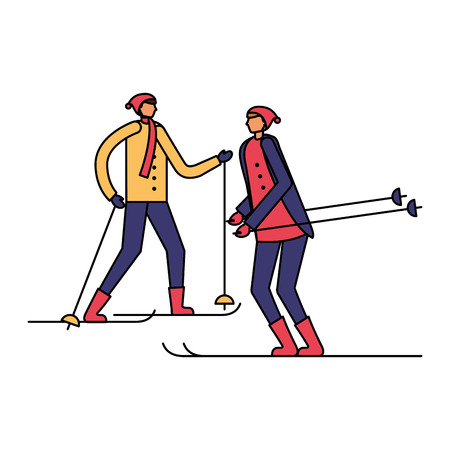 two men practicing ski in the winter season vector illustrationのイラスト素材