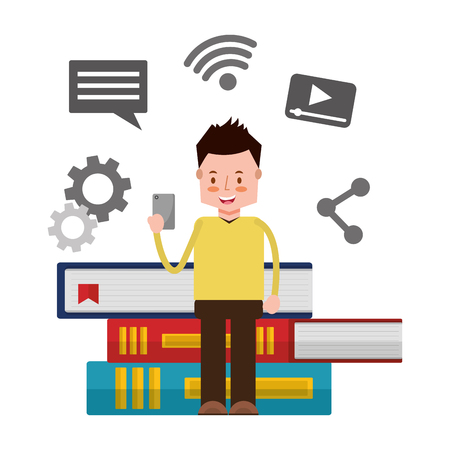 man with mobile sitting on books social media vector illustrationのイラスト素材