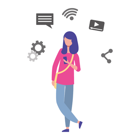 woman using mobile social media vector illustrationのイラスト素材