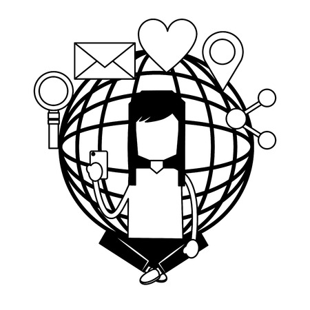 woman using mobile social media vector illustration monochromeのイラスト素材