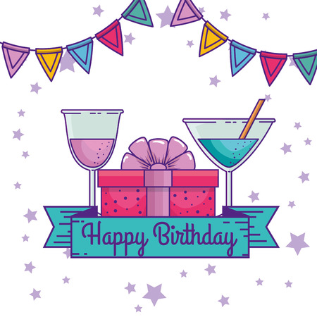happy birthday with ribbon and party banner decoration vector illustrationのイラスト素材