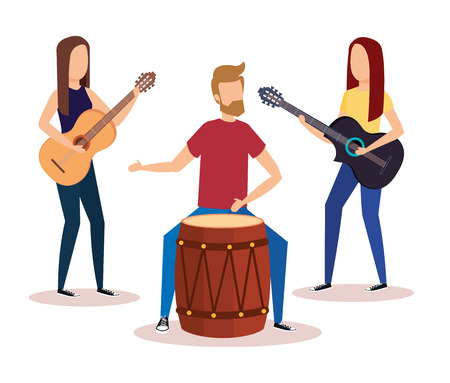 man playing bongo and girls playing guitars vector illustration designのイラスト素材