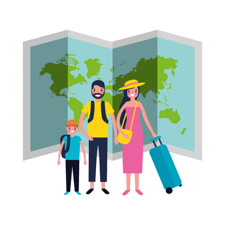 family vacations travel suitcase and map vector illustrationのイラスト素材