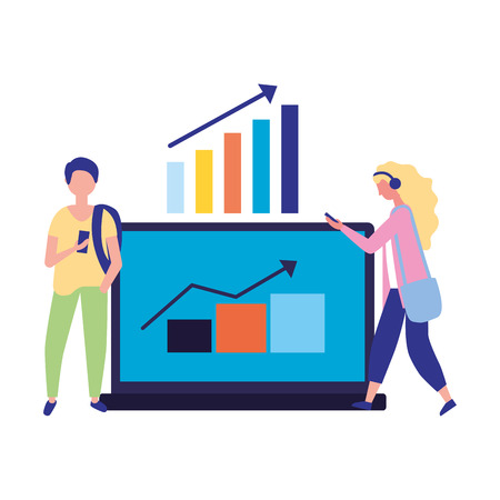 man and woman using mobile laptop chart report vector illustrationのイラスト素材