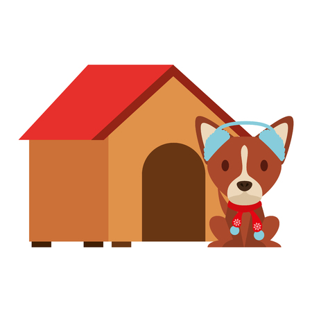 dog with winter hat and house merry christmas vector illustrationのイラスト素材