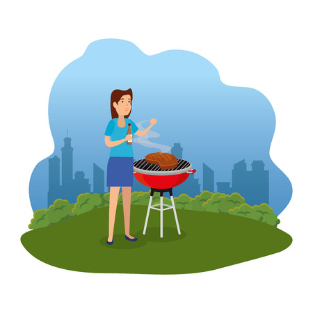 woman cooking in bbq grill in the park vector illustration designのイラスト素材