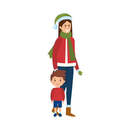 mother and son with christmas clothes vector illustration designのイラスト素材