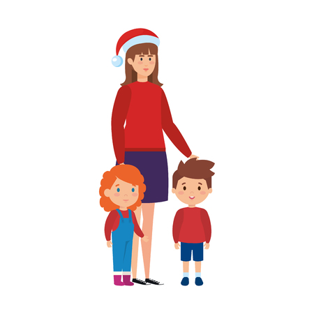 mother and kids with christmas clothes vector illustration designのイラスト素材