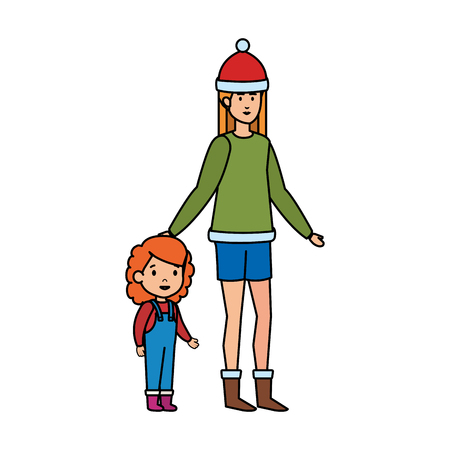 mother and daughter with winter clothes vector illustration designのイラスト素材