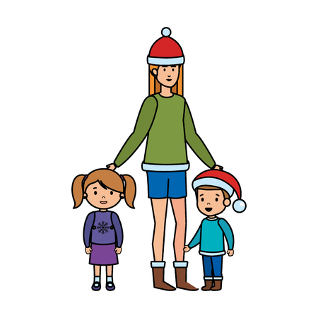 mother and kids with christmas clothes vector illustration designのイラスト素材