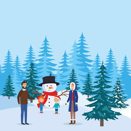 parents couple with kids and snowman in snowscape vector illustrationのイラスト素材