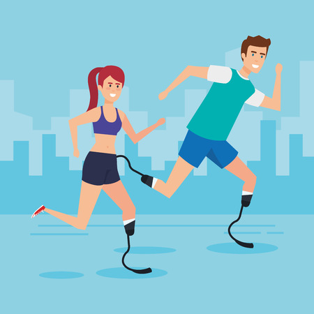 Woman and man with prosthesis, Disability health care assistance and accessibility theme Colorful design Vector illustrationのイラスト素材