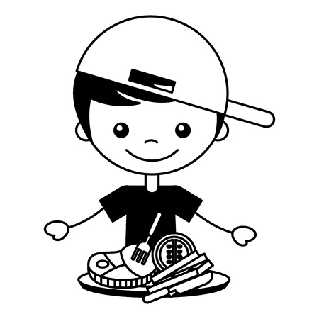 boy with meat french fries tomato vector illustrationのイラスト素材